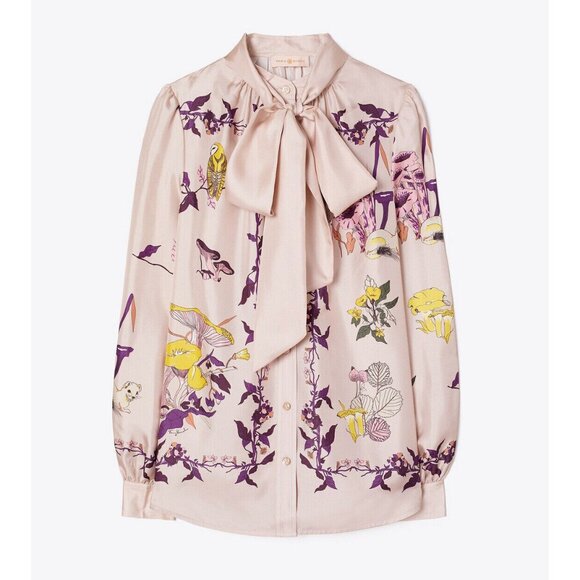 NWT Tory Burch Mushroom Party Bow Blouse Floral Print Silk Top Animal Beige 4 - Picture 1 of 16